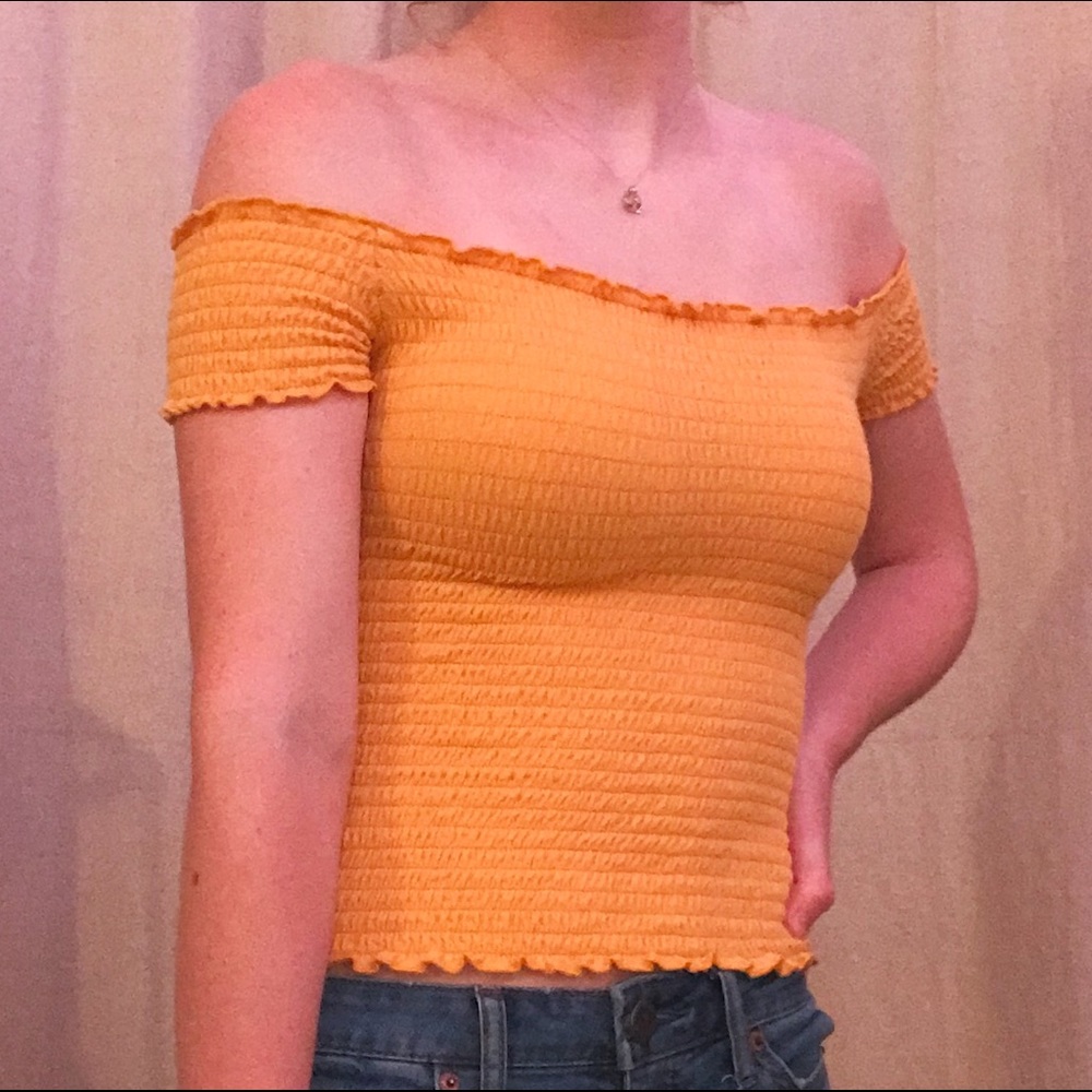 Yellow Ribbed Off-The-Shoulder Top